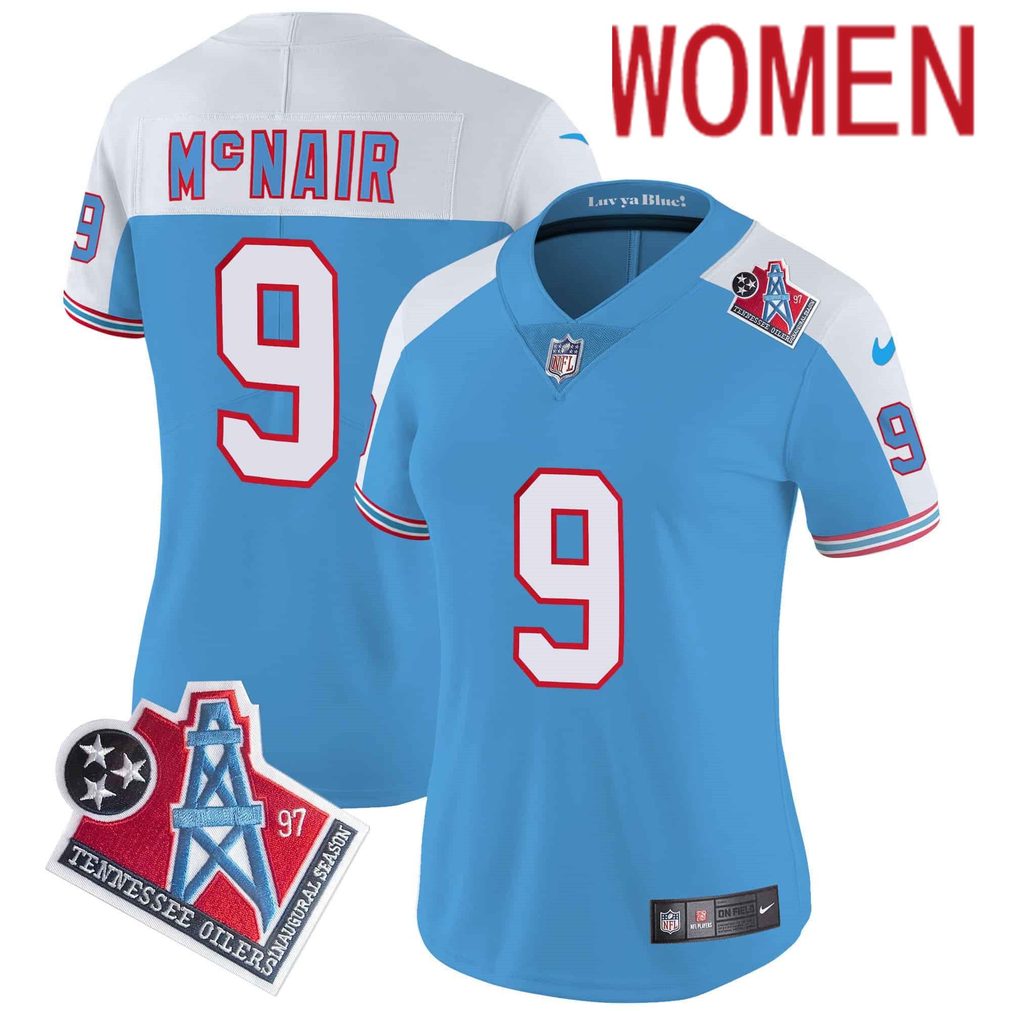 Women Tennessee Titans 9 Mcnair Light Blue 1997 Throwback 2024 Nike Limited Vapor NFL Jersey style 1